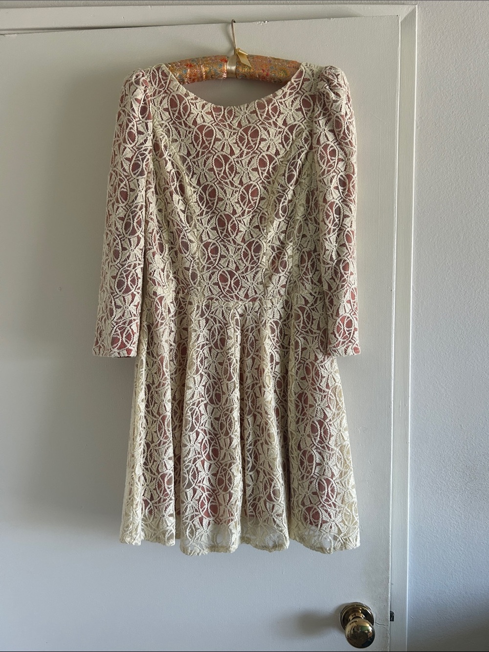 Ark & Co Dress: Cream Lace Fit-and-Flare Dress with Orange Underlay